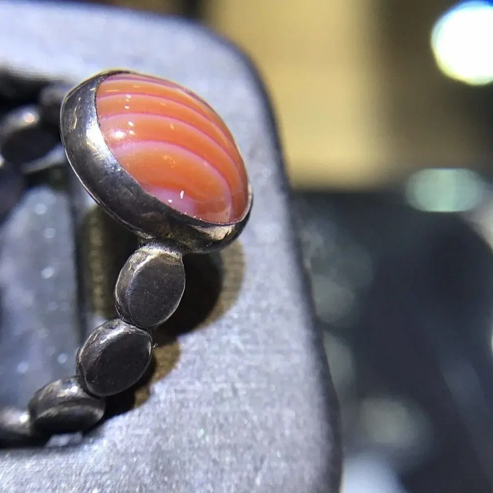 Orange Stripe Agate (Natural) Ring Round Sz7.25 Bezel Set Silver 925 Design Band